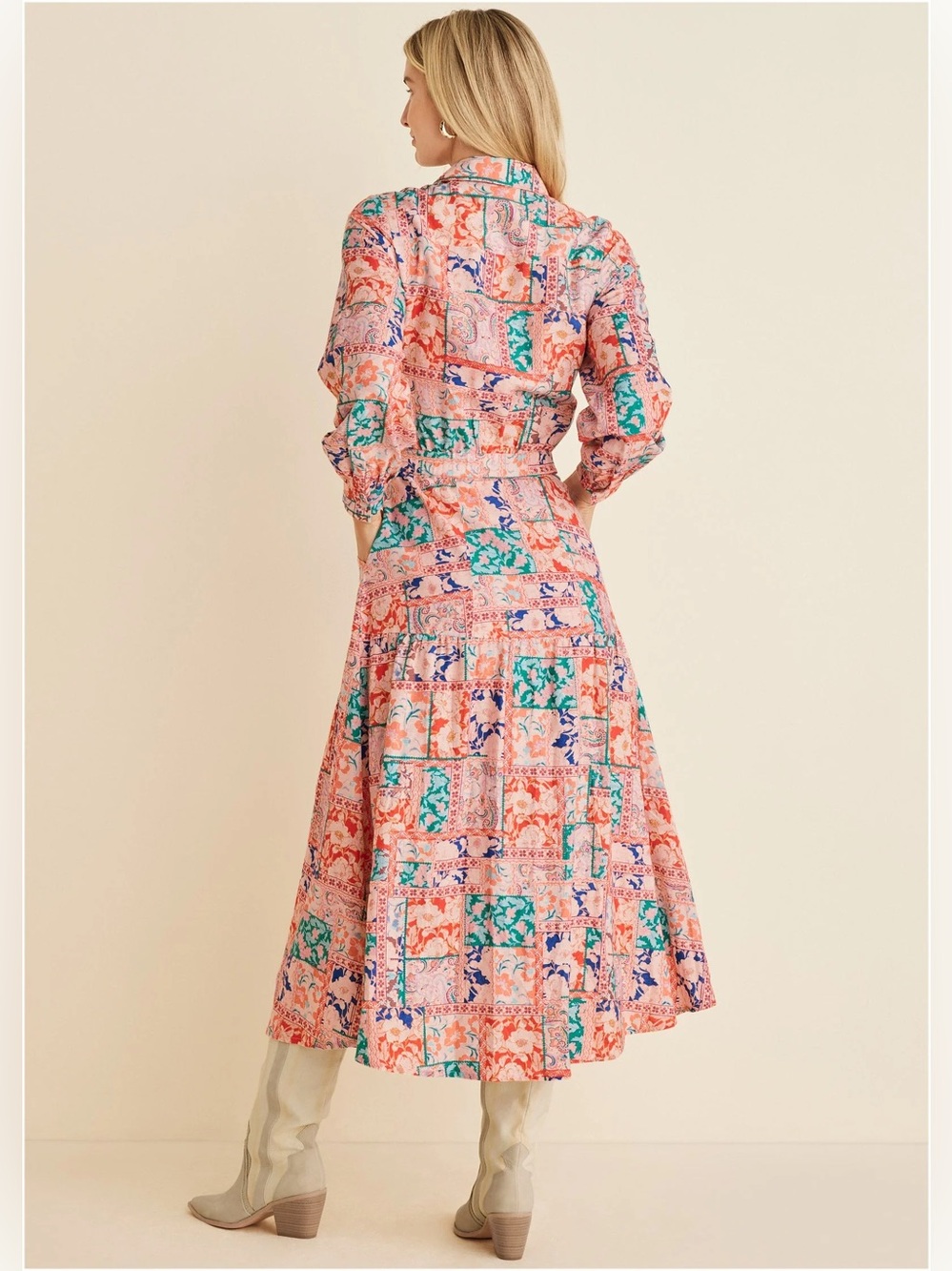 VENUS Linen Pink Patchwork Print Long-Sleeve Maxi Shirt Dress - Picture 3 of 17